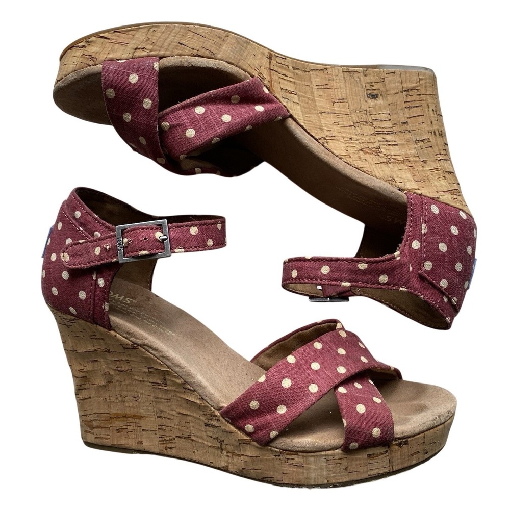 Toms Sienna Cork Wedge Sandals Womens Size 8.5 Polka Dot Boho Festival Heels‎